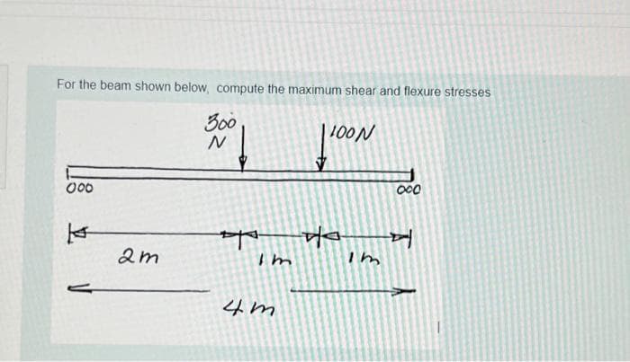 For the beam shown below, compute the maximum shear and flexure stresses
300
| 100N
00
OCO
2m
4m
