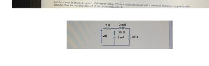 For the crcut in attached Figure 1, fthe input voltage Vemna idal sagnal with a very hagh frequency (approches the
infinity), th the ttal impedance Z of the crcut approaches to
2 mH
50 0
+ 3 mf
vt)
20 0
ww
