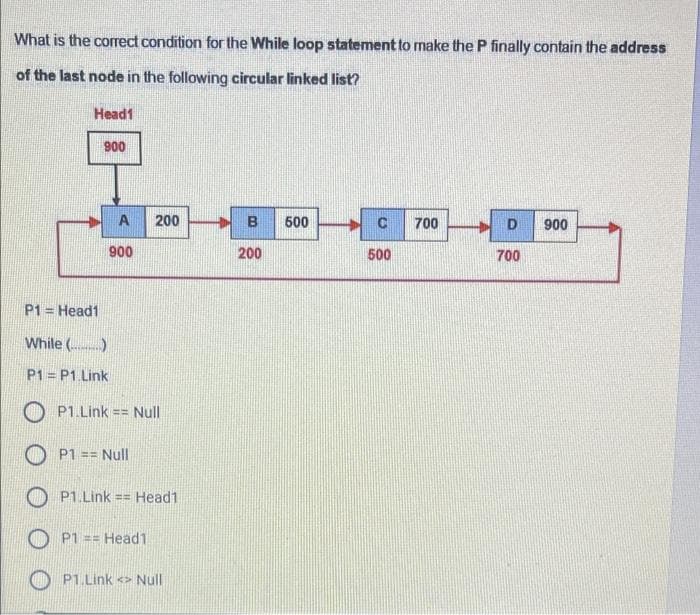 What is the correct condition for the While loop statement to make the P finally contain the address
of the last node in the following circular linked list?
Head1
900
A
200
B
500
700
D
900
900
200
500
700
P1 = Head1
While ()
P1 = P1 Link
O P1.Link == Null
O P1 == Null
O P1.Link == Head1
O P1 == Head1
P1.Link <> Null
