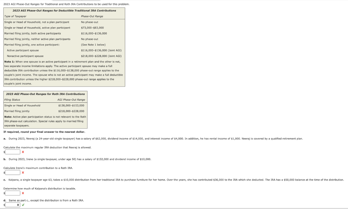 2023 AGI Phase-Out Ranges for Traditional and Roth IRA Contributions to be used for this problem.
2023 AGI Phase-Out Ranges for Deductible Traditional IRA Contributions
Type of Taxpayer
Single or Head of Household, not a plan participant
Single or Head of Household, active plan participant
Married filing jointly, both active participants
Married filing jointly, neither active plan participants
Married filing jointly, one active participant:
Active participant spouse
Nonactive participant spouse
Phase-Out Range
No phase-out
$73,000-$83,000
$116,000-$136,000
No phase-out
(See Note 1 below)
$116,000-$136,000 (Joint AGI)
$218,000-$228,000 (Joint AGI)
Note 1: When one spouse is an active participant in a retirement plan and the other is not,
two separate income limitations apply. The active participant spouse may make a full
deductible IRA contribution unless the $116,000-$138,000 phase-out range applies to the
couple's joint income. The spouse who is not an active participant may make a full deductible
IRA contribution unless the higher $218,000-$228,000 phase-out range applies to the
couple's joint income.
2023 AGI Phase-Out Ranges for Roth IRA Contributions
Filing Status
Single or Head of Household
Married filing jointly
AGI Phase-Out Range
$138,000-$153,000
$218,000-$228,000
Note: Active plan participation status is not relevant to the Roth
IRA phase-out calculation. Special rules apply to married filing
separate taxpayers.
If required, round your final answer to the nearest dollar.
a. During 2023, Neeraj (a 24-year-old single taxpayer) has a salary of $62,000, dividend income of $14,000, and interest income of $4,000. In addition, he has rental income of $1,000. Neeraj is covered by a qualified retirement plan.
Calculate the maximum regular IRA deduction that Neeraj is allowed.
$
x
b. During 2023, Irene (a single taxpayer, under age 50) has a salary of $132,000 and dividend income of $10,000.
Calculate Irene's maximum contribution to a Roth IRA.
c. Kalpana, a single taxpayer age 63, takes a $10,000 distribution from her traditional IRA to purchase furniture for her home. Over the years, she has contributed $36,000 to the IRA which she deducted. The IRA has a $50,000 balance at the time of the distribution.
Determine how much of Kalpana's distribution is taxable.
d. Same as part c., except the distribution is from a Roth IRA.
0
✓