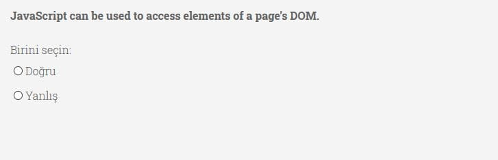 JavaScript can be used to access elements of a page's DOM.
Birini seçin:
O Doğru
O Yanlış
