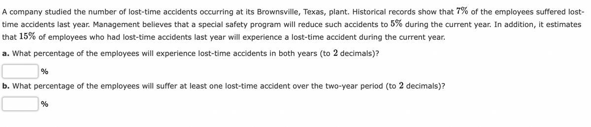 A company studied the number of lost-time accidents occurring at its Brownsville, Texas, plant. Historical records show that 7% of the employees suffered lost-
time accidents last year. Management believes that a special safety program will reduce such accidents to 5% during the current year. In addition, it estimates
that 15% of employees who had lost-time accidents last year will experience a lost-time accident during the current year.
a. What percentage of the employees will experience lost-time accidents in both years (to 2 decimals)?
%
b. What percentage of the employees will suffer at least one lost-time accident over the two-year period (to 2 decimals)?
%