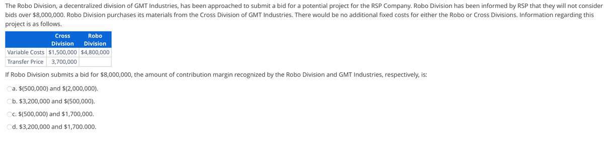 The Robo Division, a decentralized division of GMT Industries, has been approached to submit a bid for a potential project for the RSP Company. Robo Division has been informed by RSP that they will not consider
bids over $8,000,000. Robo Division purchases its materials from the Cross Division of GMT Industries. There would be no additional fixed costs for either the Robo or Cross Divisions. Information regarding this
project is as follows.
Cross
Robo
Division Division
Variable Costs $1,500,000 $4,800,000
Transfer Price 3,700,000
If Robo Division submits a bid for $8,000,000, the amount of contribution margin recognized by the Robo Division and GMT Industries, respectively, is:
a. $(500,000) and $(2,000,000).
Ob. $3,200,000 and $(500,000).
Oc. $(500,000) and $1,700,000.
Od. $3,200,000 and $1,700.000.