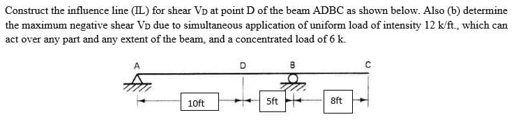 Construct the influence line (IL) for shear VD at point D of the beam ADBC as shown below. Also (b) determine
the maximum negative shear VD due to simultaneous application of uniform load of intensity 12 k/ft., which can
act over any part and any extent of the beam, and a concentrated load of 6 k.
A
D
B
10ft
5ft
8ft
