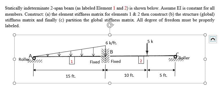 Statically indeterminate 2-span beam (as labeled Element 1 and 2) is shown below. Assume EI is constant for all
members. Construct: (a) the element stiffness matrix for elements 1 & 2 then construct (b) the structure (global)
stiffness matrix and finally (c) partition the global stiffness matrix. All degree of freedom must be properly
labeled.
6 k/ft.
5 k
A
Roller.
ORoller
Fixed
Fixed
15 ft.
10 ft.
5 ft.
