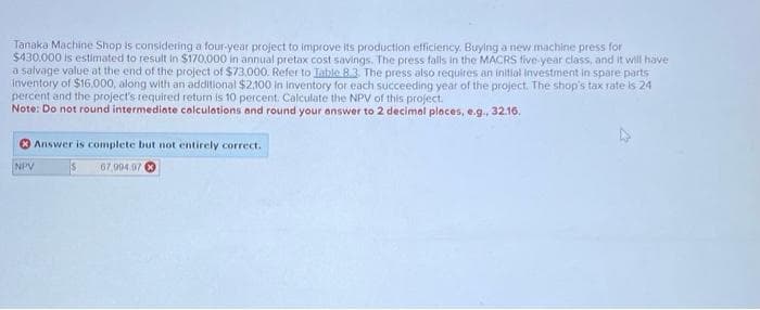 Tanaka Machine Shop is considering a four-year project to improve its production efficiency. Buying a new machine press for
$430,000 is estimated to result in $170,000 in annual pretax cost savings. The press falls in the MACRS five-year class, and it will have
a salvage value at the end of the project of $73,000. Refer to Table 8.3. The press also requires an initial investment in spare parts
inventory of $16,000, along with an additional $2,100 in inventory for each succeeding year of the project. The shop's tax rate is 24
percent and the project's required return is 10 percent. Calculate the NPV of this project.
Note: Do not round intermediate calculations and round your answer to 2 decimal places, e.g., 32.16.
Answer is complete but not entirely correct.
$ 67,994.970
NPV