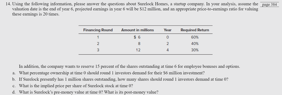 14. Using the following information, please answer the questions about Surelock Homes, a startup company. In your analysis, assume the
valuation date is the end of year 6, projected earnings in year 6 will be $12 million, and an appropriate price-to-earnings ratio for valuing
these earnings is 20 times.
Year Required Return
ITIE
$6
8
12
Financing Round Amount in millions
1
2
3
2
4
60%
40%
30%
In addition, the company wants to reserve 15 percent of the shares outstanding at time 6 for employee bonuses and options.
a. What percentage ownership at time 0 should round 1 investors demand for their $6 million investment?
b. If Surelock presently has 1 million shares outstanding, how many shares should round 1 investors demand at time 0?
c. What is the implied price per share of Surelock stock at time 0?
d. What is Surelock's pre-money value at time 0? What is its post-money value?
page 384