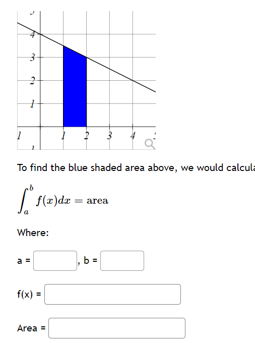 1
A
3
2
1
a
1
To find the blue shaded area above, we would calcula
b
f(x) dx = area
Where:
a =
1
f(x) =
2 3 4
Area =
b =