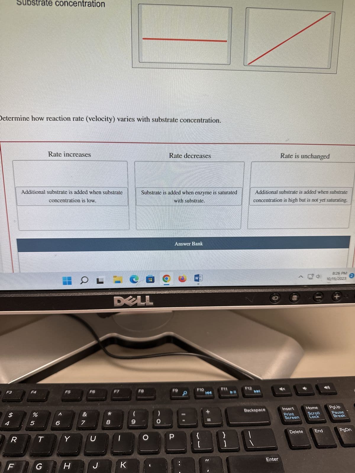Determine how reaction rate (velocity) varies with substrate concentration.
F3
$
4
Substrate concentration
R
F
Additional substrate is added when substrate
concentration is low.
F4
%
5
T
Rate increases
G
6
HOLL
F5
&
H
7
F6
YU
J
*00
8
DELL
F7
K
(
9
Substrate is added when enzyme is saturated
with substrate.
F8
Rate decreases
O
Answer Bank
F9
P
W
F10
{
[
+ 11
F11
}
1
F12
Additional substrate is added when substrate
concentration is high but is not yet saturating.
Backspace
Rate is unchanged
Enter
Insert
Print
Screen
Delete
Home
Scroll
Lock
End
8:26 PM 2
10/15/2023
+
PgUp
Pause
Break
PgDn