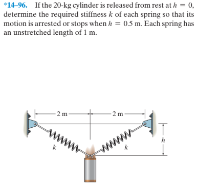 *14-96. If the 20-kg cylinder is released from rest at h = 0,
determine the required stiffness k of each spring so that its
motion is arrested or stops when h = 0.5 m. Each spring has
an unstretched length of 1 m.
2 m
2 m
www
wwww
