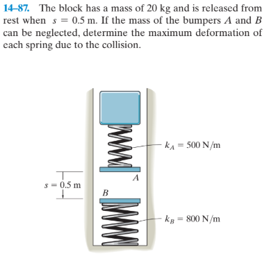 14-87. The block has a mass of 20 kg and is released from
rest when s = 0.5 m. If the mass of the bumpers A and B
can be neglected, determine the maximum deformation of
each spring due to the collision.
kA = 500 N/m
s = 0.5 m
kp = 800 N/m
