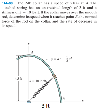 *14-88. The 2-lb collar has a speed of 5 ft/s at A. The
attached spring has an unstretched length of 2 ft and a
stiffness of k = 10 lb/ft. If the collar moves over the smooth
rod, determine its speed when it reaches point B, the normal
force of the rod on the collar, and the rate of decrease in
its speed.
-y = 4.5 -
4.5 ft
k = 10 lb/ft
B.
3 ft
