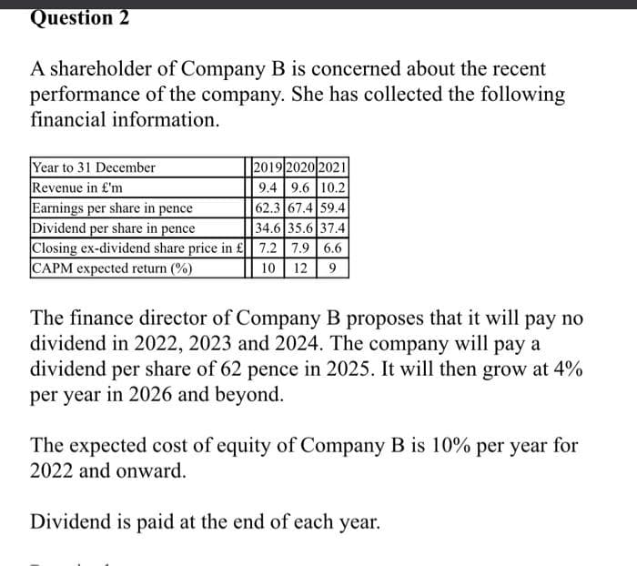 Question 2
A shareholder of Company B is concerned about the recent
performance of the company. She has collected the following
financial information.
Year to 31 December
Revenue in £'m
Earnings per share in pence
Dividend per share in pence
Closing ex-dividend share price in £ 7.2 7.9 6.6
CAPM expected return (%)
2019 2020 2021
9.4 9.6 10.2
62.3 67.4 59.4
|34.6 35.6|37.4
10 12 9
The finance director of Company B proposes that it will pay no
dividend in 2022, 2023 and 2024. The company will pay a
dividend per share of 62 pence in 2025. It will then grow at 4%
per year in 2026 and beyond.
The expected cost of equity of Company B is 10% per year for
2022 and onward.
Dividend is paid at the end of each year.
