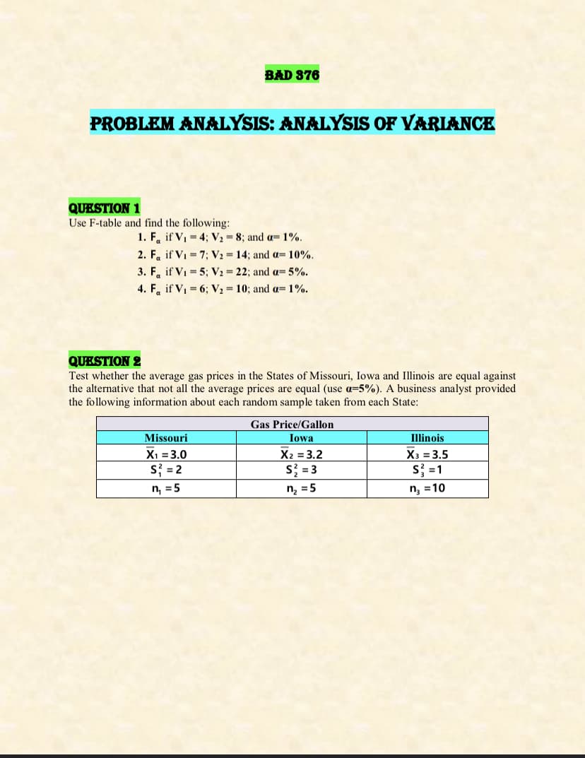 BAD 876
PROBLEM ANALYSIS: ANALYSIS OF VARIANCE
QUESTION 1
Use F-table and find the following:
1. F if V₁ = 4; V2 = 8; and a= 1%.
2. Fa if V₁ =7; V2 = 14; and α= 10%.
3. F if V₁ = 5; V2 = 22; and α= 5%.
4. F. if V₁ =6; V₁ = 10; and a 1%.
QUESTION 2
Test whether the average gas prices in the States of Missouri, Iowa and Illinois are equal against
the alternative that not all the average prices are equal (use a=5%). A business analyst provided
the following information about each random sample taken from each State:
Missouri
X1=3.0
S=2
n₁ = 5
Gas Price/Gallon
Iowa
X2 = 3.2
S=3
n₂ =5
Illinois
X3 = 3.5
S=1
n₂ =10