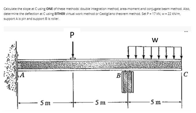 Calculate the slope at Cusing ONE of these methods: double integration method, area-moment and conjugate beam method. Also,
determine the deflection at Cusing EITHER virtual work method or Castigliano theorem method. Set P = 17 kN, w = 22 kN/m,
support A is pin and support B is roller.
P
A
B
5m
5 m
-5 m
