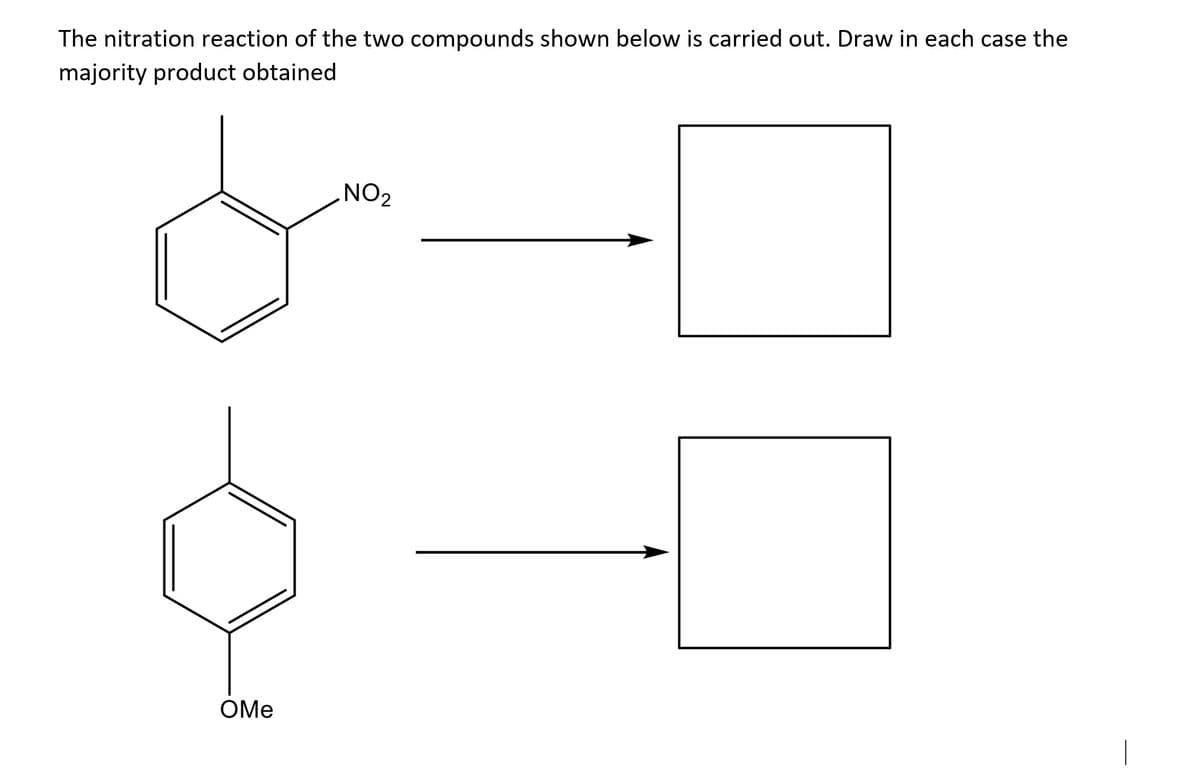 The nitration reaction of the two compounds shown below is carried out. Draw in each case the
majority product obtained
OMe
NO₂