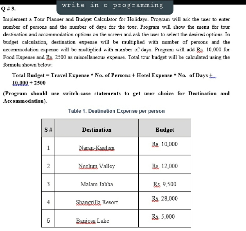 write in c programming
Q # 3.
Implement a Tour Planner and Budget Calculator for Holidays. Program will ask the user to enter
number of persons and the number of days for the tour. Program will show the menu for tour
destination and accommodation options on the screen and ask the user to select the desired options. In
budget calculation, destination expense will be multiplied with number of persons and the
accommodation expense will be multiplied with number of days. Program will add Rs. 10,000 for
Food Expense and Rs. 2500 as miscellaneous expense. Total tour budget will be calculated using the
formula shown below:
Total Budget = Travel Expense * No. of Persons + Hotel Expense * No. of Days t
10.000 + 2500
(Program should use switch-case statem ents to get user choice for Destination and
Accommodation).
Table 1. Destination Expense per person
S#
Destination
Budget
Rs. 10,000
Naran Kaghan
Neelum Valley
Rs, 12,000
3
Malam Jabba
Rs. 9,500
Rs. 28,000
4
Shangrilla Resort
Rs. 5,000
Banjosa Lake
LO
