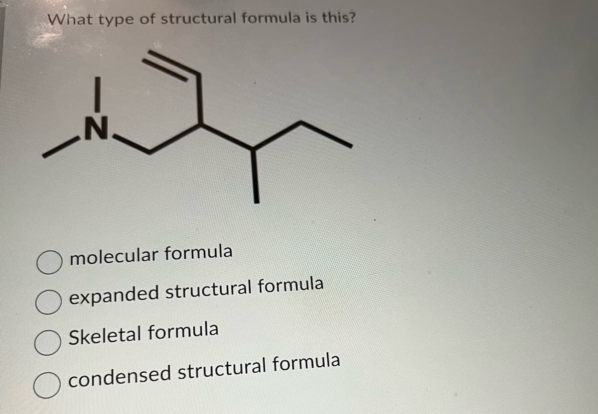 What type of structural formula is this?
molecular formula
expanded structural formula
Skeletal formula
condensed structural formula