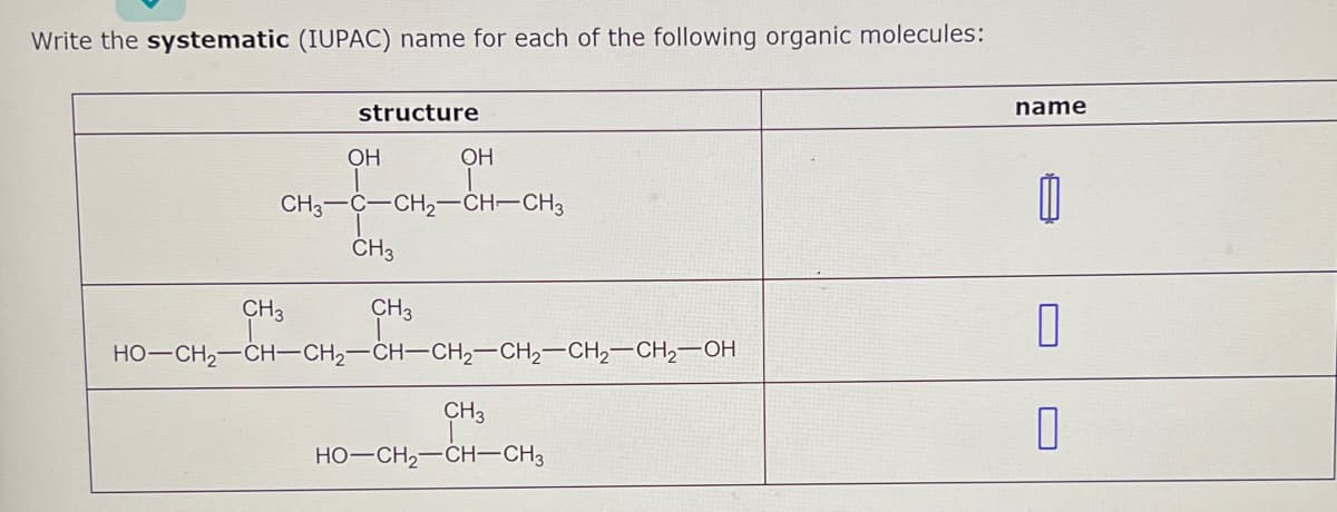 Write the systematic (IUPAC) name for each of the following organic molecules:
structure
OH
CH3
CH3-C-CH₂-CH-CH3
OH
CH3
CH3
HỌ–CH,—CH–CH,—CH–CH2–CH2CH2CH2OH
CH3
HO–CH2CHCH3
name
0
0
0