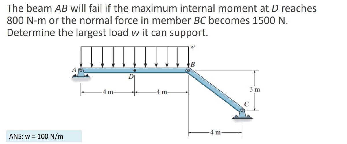 The beam AB will fail if the maximum internal moment at D reaches
800 N-m or the normal force in member BC becomes 1500 N.
Determine the largest load w it can support.
B
A
3 m
4 m-
4 m-
-4 m-
ANS: w = 100 N/m
