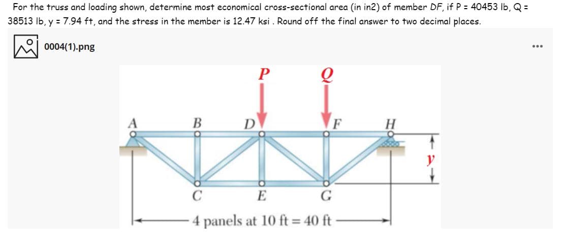 For the truss and loading shown, determine most economical cross-sectional area (in in2) of member DF, if P = 40453 lb, Q =
38513 Ib, y = 7.94 ft, and the stress in the member is 12.47 ksi . Round off the final answer to two decimal places.
M 0004(1).png
...
В
E
4 panels at 10 ft = 40 ft
