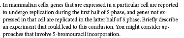 In mammalian cells, genes that are expressed in a particular cell are reported
to undergo replication during the first half of S phase, and genes not ex-
pressed in that cell are replicated in the latter half of S phase. Briefly describe
an experiment that could lead to this conclusion. You might consider ap-
proaches that involve 5-bromouracil incorporation.
