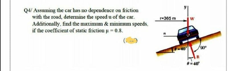 Q4/ Assuming the car has no dependence on friction
with the road, determine the speed u of the car.
Additionally, find the maximum & minimum speeds,
if the coefficient of static frictionu 0.8.
r=365 m
40
90
e= 40°
