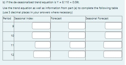 b) If the de-seasonalised trend equation is Y = 8.110 + 0.09t.
Use the trend equation as well as information from part (a) to complete the following table
(use 3 decimal places in your answers where necessary)
Period Seasonal Index
Forecast
9
10
11
12
Seasonal Forecast