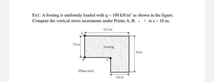 Exl: A footing is uniformly loaded with q = 100 kN/m² as shown in the figure.
Compute the vertical stress increments under Points A, B, at z = 10 m.
13.5 m
7.0 m
Footing
12 m
(Plane view)
6.0 m
