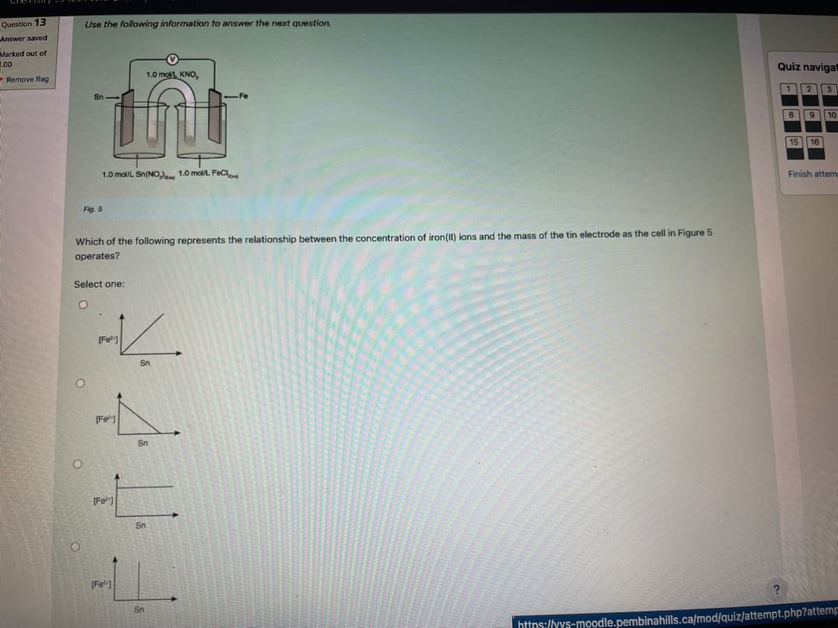 Question 13
Answer saved
Marked out of
1.00
Remove flag
Use the following information to answer the next question.
Sn
Fig. 5
1.0 mo KNO,
101
1.0 mol/L Sn(NO) 1.0 moUL FEC
Which of the following represents the relationship between the concentration of iron(II) ions and the mass of the tin electrode as the cell in Figure 5
operates?
Select one:
[Fe]
[F]
Sn.
Sn
[Fe]
Sn.
[Fe]
Quiz navigat
1
2
3
8
9 10
15
16
Finish attem
Sn
?
https://vvs-moodle.pembina hills.ca/mod/quiz/attempt.php?attemp