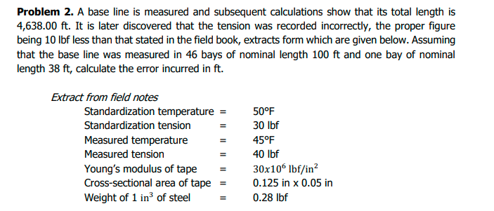 Problem 2. A base line is measured and subsequent calculations show that its total length is
4,638.00 ft. It is later discovered that the tension was recorded incorrectly, the proper figure
being 10 lbf less than that stated in the field book, extracts form which are given below. Assuming
that the base line was measured in 46 bays of nominal length 100 ft and one bay of nominal
length 38 ft, calculate the error incurred in ft.
Extract from field notes
Standardization temperature
Standardization tension
Measured temperature
Measured tension
Young's modulus of tape
Cross-sectional area of tape =
Weight of 1 in³ of steel
=
50°F
30 lbf
45°F
40 lbf
30x106 lbf/in²
0.125 in x 0.05 in
0.28 lbf