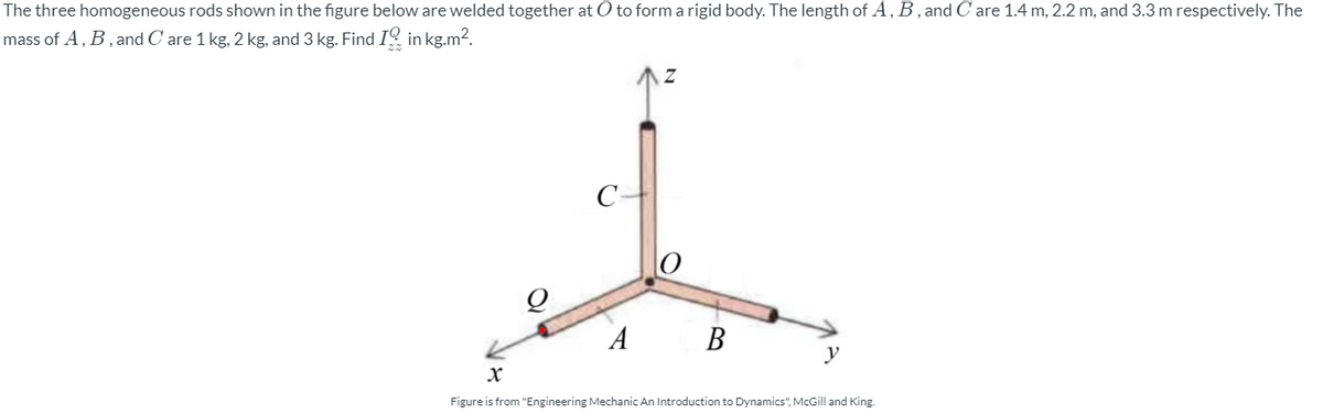 The three homogeneous rods shown in the figure below are welded together at O to form a rigid body. The length of A, B, and C are 1.4 m, 2.2 m, and 3.3 m respectively. The
mass of A, B, and C'are 1 kg, 2 kg, and 3 kg. Find I? in kg.m2.
C-
A B
y
Figure is from "Engineering Mechanic An Introduction to Dynamics", McGill and King.
