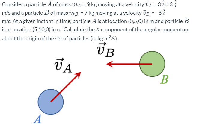 Consider a particle A of mass mA = 9 kg moving at a velocity va = 3 i+ 3 j
m/s and a particle B of mass mB = 7 kg moving at a velocity ÜB = - 6 i
m/s. At a given instant in time, particle A is at location (0,5,0) in m and particle B
is at location (5,10,0) in m. Calculate the z-component of the angular momentum
about the origin of the set of particles (in kg.m2/s).
UB
B.
A
