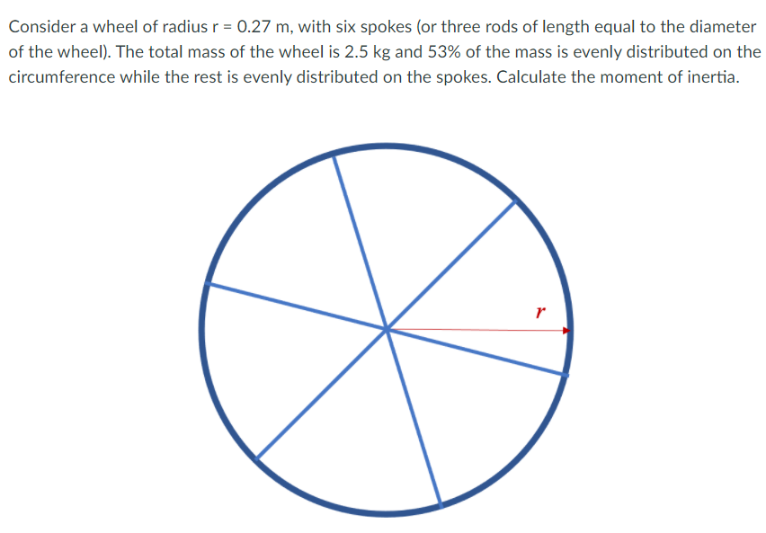 Consider a wheel of radius r = 0.27 m, with six spokes (or three rods of length equal to the diameter
of the wheel). The total mass of the wheel is 2.5 kg and 53% of the mass is evenly distributed on the
circumference while the rest is evenly distributed on the spokes. Calculate the moment of inertia.
