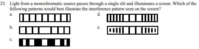 23. Light from a monochromatic source passes through a single slit and illuminates a screen. Which of the
following patterns would best illustrate the interference pattern seen on the screen?
a.
d.
b.
C.