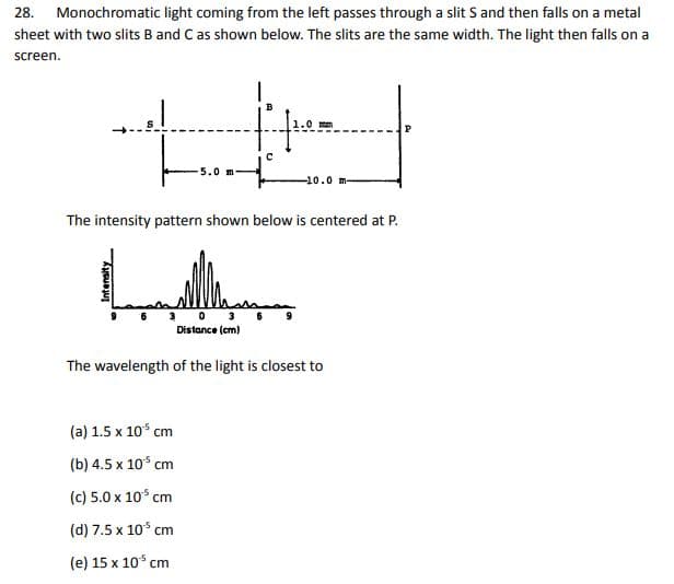 28. Monochromatic light coming from the left passes through a slit S and then falls on a metal
sheet with two slits B and C as shown below. The slits are the same width. The light then falls on a
screen.
5.0 m
с
-10.0
The intensity pattern shown below is centered at P.
0 3
Distance (cm)
The wavelength of the light is closest to
(a) 1.5 x 105 cm
(b) 4.5 x 105 cm
(c) 5.0 x 105 cm
(d) 7.5 x 105 cm
(e) 15 x 105 cm