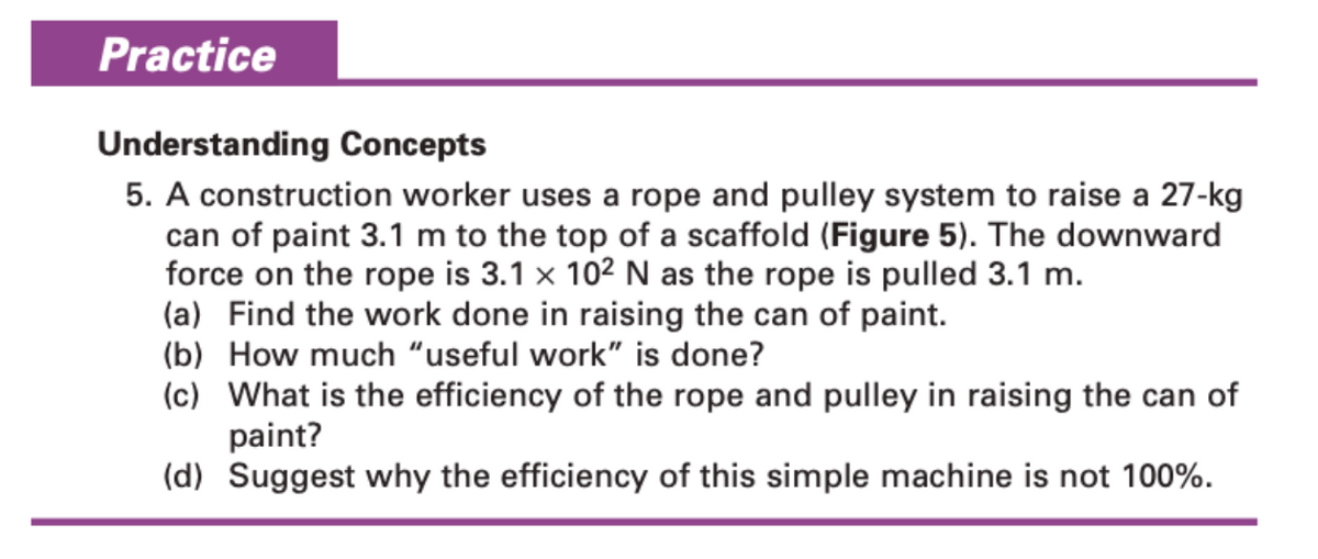 Practice
Understanding Concepts
5. A construction worker uses a rope and pulley system to raise a 27-kg
can of paint 3.1 m to the top of a scaffold (Figure 5). The downward
force on the rope is 3.1 x 10² N as the rope is pulled 3.1 m.
(a) Find the work done in raising the can of paint.
(b) How much "useful work" is done?
(c) What is the efficiency of the rope and pulley in raising the can of
paint?
(d) Suggest why the efficiency of this simple machine is not 100%.