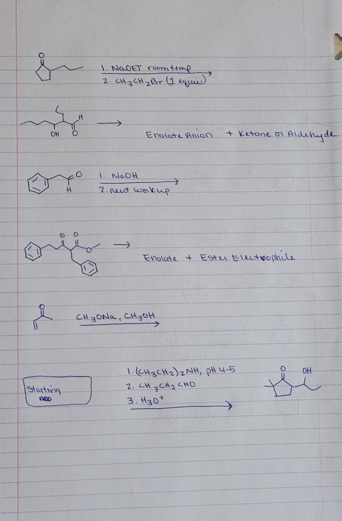 1NODET room teme
2. CH3 CH2B (1 equi)"
Enolate Anion
+ Katone
Aldehyde
OH
1. NAOH
2.neut wokup
Enolate + Esteu Electrophiile
CH3ONA, CH30H
1.CH3CH2)2NH, pH 4-5
2. CHCH2 CHO
3. H30+
OH
starting
