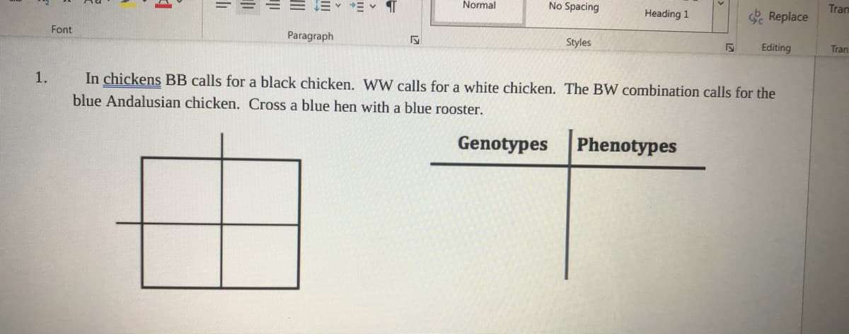 Normal
No Spacing
Tran
Heading 1
Replace
Font
Paragraph
Styles
Editing
Tran
1.
In chickens BB calls for a black chicken. WW calls for a white chicken. The BW combination calls for the
blue Andalusian chicken. Cross a blue hen with a blue rooster.
Genotypes
Phenotypes
li
