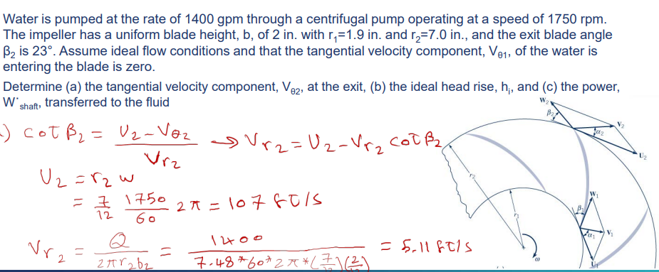 Water is pumped at the rate of 1400 gpm through a centrifugal pump operating at a speed of 1750 rpm.
The impeller has a uniform blade height, b, of 2 in. with r₁=1.9 in. and r₂=7.0 in., and the exit blade angle
B₂ is 23°. Assume ideal flow conditions and that the tangential velocity component, Ve1, of the water is
entering the blade is zero.
Determine (a) the tangential velocity component, V2, at the exit, (b) the ideal head rise, h,, and (c) the power,
W'. shaft, transferred to the fluid
-) cot B₂ = U₂ - Voz > Vr₂ = U₂ - Vrz Coł B₂
Vrz
U₂=√₂ w
= 7
7/2
Vr₂
=
1750
60
2πr2b2
=
2π = 107 80/S
1400
7.48 * 60 * 2 * * (Z) (²)
= 5.118815
(0
02