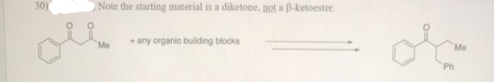 30)
Note the starting material is a diketone, not a B-ketoester.
Me
+ any organic building blocks
Me
Ph
