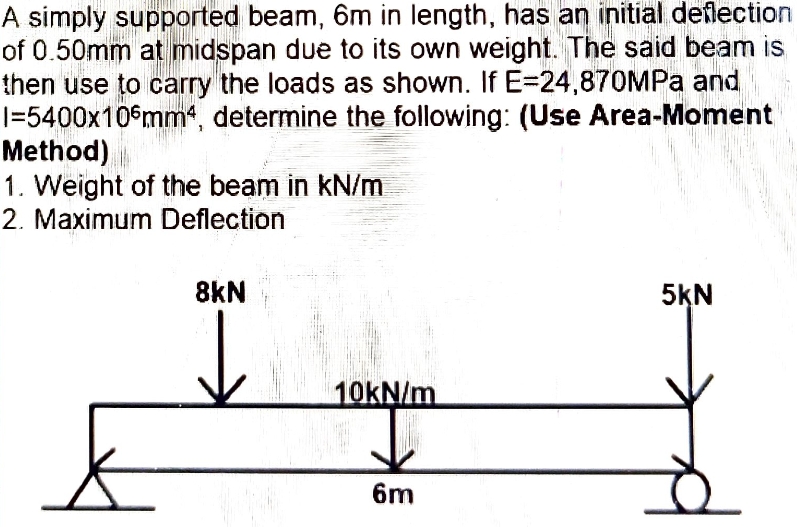 A simply supported beam, 6m in length, has an initial deflection
of 0.50mm at midspan due to its own weight. The said beam is
then use to carry the loads as shown. If E3D24,870MPA and,
|=5400x106mm, determine the following: (Use Area-Moment
Method)
1. Weight of the beam in kN/m
2. Maximum Deflection
1=540 a) n, determine the following: (Use Area-Moment
8kN
5KN
10KN/m
6m
