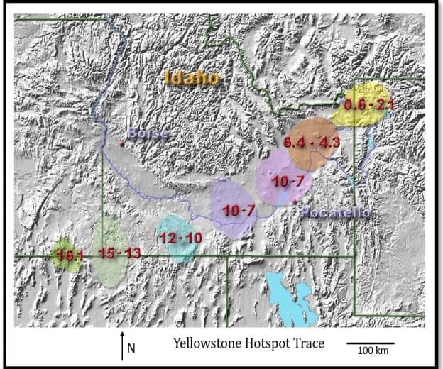 Wardan
Boise
16.1 15-13.
ÎN
12-10
10-7
6.4-4.3
10-7
0.6-2.12
Pocatello
Yellowstone Hotspot Trace
100 km