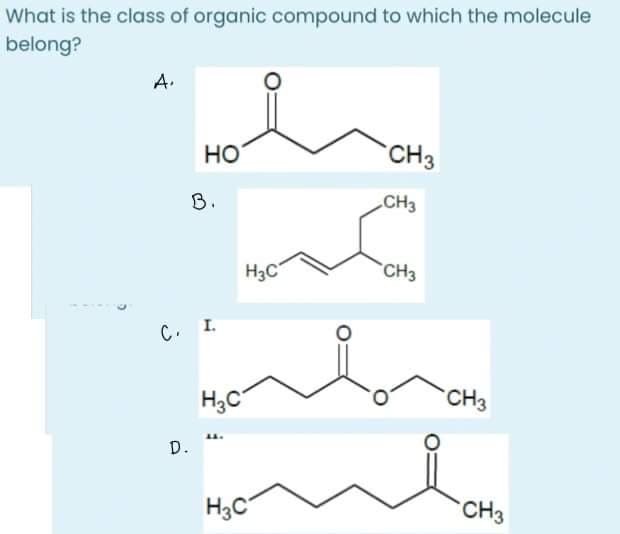 What is the class of organic compound to which the molecule
belong?
A.
но
CH3
B.
CH3
H3C
CH3
. I.
H3C
CH3
D.
H3C
CH3

