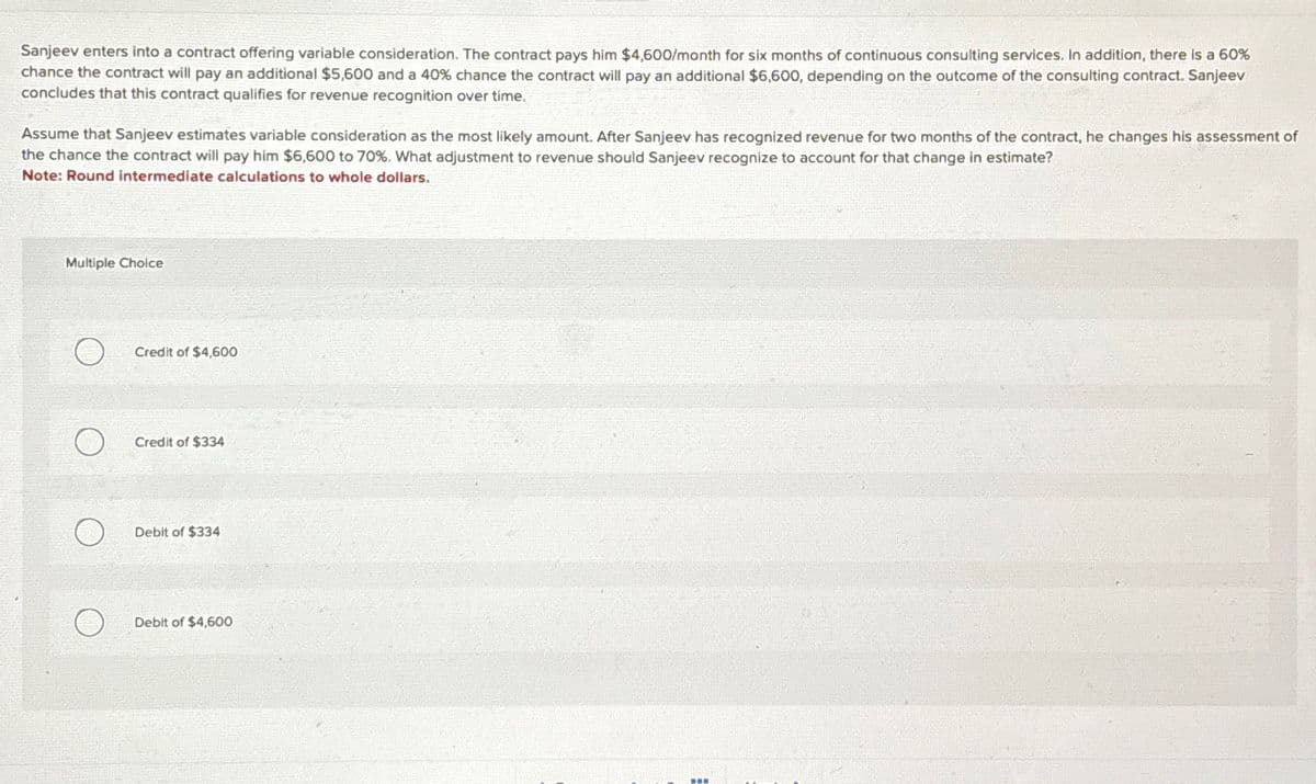 Sanjeev enters into a contract offering variable consideration. The contract pays him $4,600/month for six months of continuous consulting services. In addition, there is a 60%
chance the contract will pay an additional $5,600 and a 40% chance the contract will pay an additional $6,600, depending on the outcome of the consulting contract. Sanjeev
concludes that this contract qualifies for revenue recognition over time.
Assume that Sanjeev estimates variable consideration as the most likely amount. After Sanjeev has recognized revenue for two months of the contract, he changes his assessment of
the chance the contract will pay him $6,600 to 70%. What adjustment to revenue should Sanjeev recognize to account for that change in estimate?
Note: Round intermediate calculations to whole dollars.
Multiple Choice
Credit of $4,600
Credit of $334
Debit of $334
Debit of $4,600