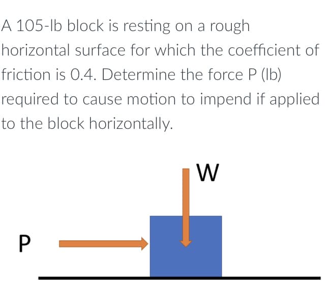 A 105-lb block is resting on a rough
horizontal surface for which the coefficient of
friction is 0.4. Determine the force P (lb)
required to cause motion to impend if applied
to the block horizontally.
W
P