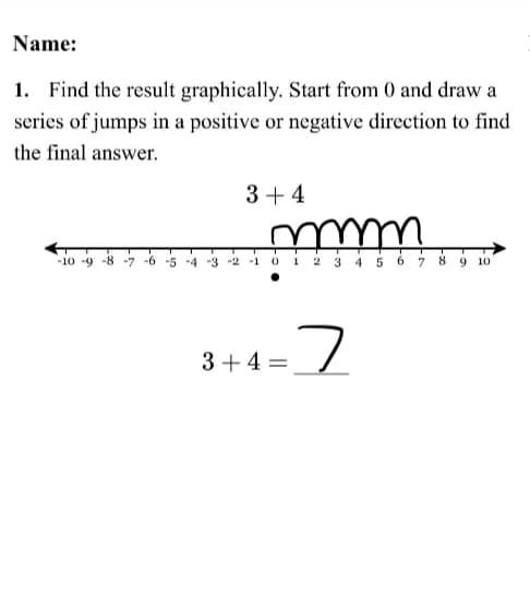 Name:
1. Find the result graphically. Start from 0 and draw a
series of jumps in a positive or negative direction to find
the final answer.
3+4
mm
mm
-10-9-8-7-6-5-4-3-2-1 0 1 2 3 4 5 6 7 8
-7
3+4=
9 10