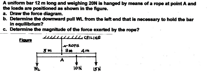 A uniform bar 12 m long and weighing 20N is hanged by means of a rope at point A and
the loads are positioned as shown in the figure.
a. Draw the force diagram.
b. Determine the downward pull WL from the left end that is necessary to hold the bar
in equilibrium?
c. Determine the magnitude of the force exerted by the rope?
L CEILING
Figure
ROPE
4m
A
Wz
ION
ISN
