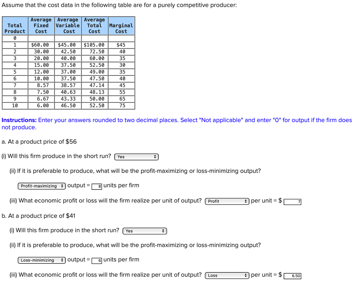 Assume that the cost data in the following table are for a purely competitive producer:
Average Average Average
Variable
Cost
Marginal
Cost
Total
Fixed
Total
Product
Cost
Cost
1
$60.00
$45.00
$105.00
$45
30.00
42.50
72.50
40
3
20.00
40.00
60.00
35
4
15.00
37.50
52.50
30
12.00
37.00
49.00
35
6
10.00
37.50
47.50
40
7
8.57
38.57
47.14
45
8
7.50
40.63
48.13
55
9.
6.67
43.33
50.00
65
10
6.00
46.50
52.50
75
Instructions: Enter your answers rounded to two decimal places. Select "Not applicable" and enter "O" for output if the firm does
not produce.
a. At a product price of $56
(i) Will this firm produce in the short run?
Yes
(ii) If it is preferable to produce, what will be the profit-maximizing or loss-minimizing output?
Profit-maximizing output
8 units per firm
(iii) What economic profit or loss will the firm realize per unit of output? (Profit
+ per unit =
b. At a product price of $41
(i) Will this firm produce in the short run?
Yes
(ii) If it is preferable to produce, what will be the profit-maximizing or loss-minimizing output?
Loss-minimizing
output
6 units per firm
(iii) What economic profit or loss will the firm realize per unit of output?
per unit =
$
Loss
6.50
%24
