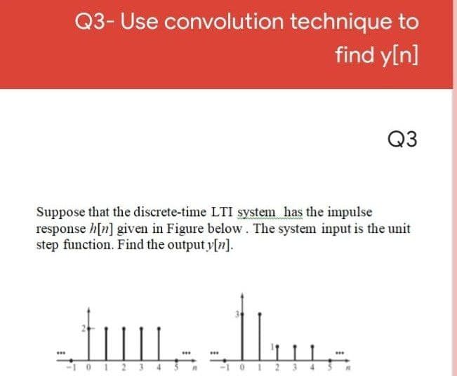 Q3- Use convolution technique to
find y[n]
Q3
Suppose that the discrete-time LTI system has the impulse
response h[n] given in Figure below. The system input is the unit
step function. Find the output y[n].
1012 3 4
-1012 3 43n

